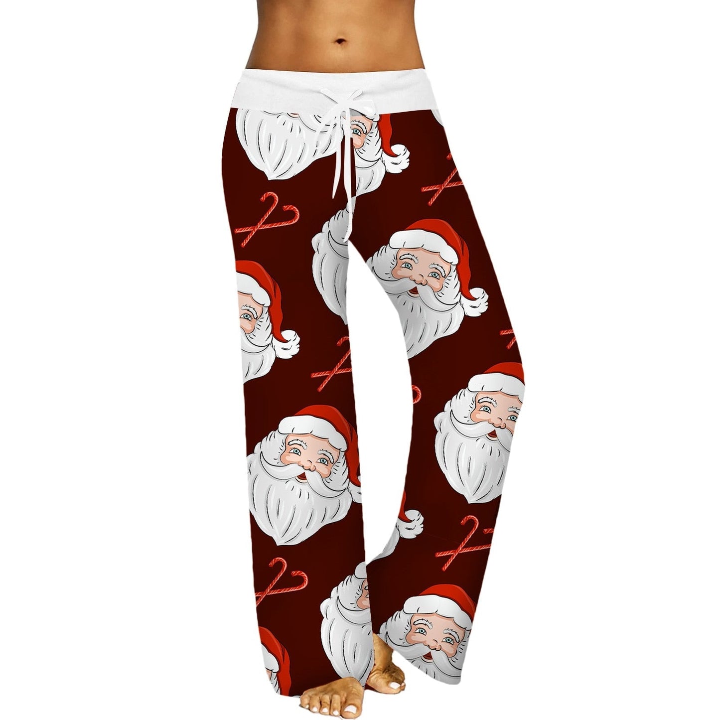 Womens Christmas Pants Cartoon Santa Claus Print Pants Wide Leg Pants Pull Rope Elastic Drawstrings Sweatpants Straight Trousers