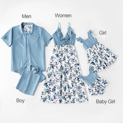 sixsr  Trends Summer And Spring Mosaic Cotton Family Matching Floral Sets Flounce Dresses And Denim Tops Short Long Sleeve Family Look