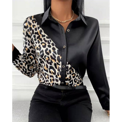 Women Long Sleeve Shirts Autumn New Elegant Satin Blouses Tops Office Leopard Print Patchwork Shirt Ladies Casual Lapel Top