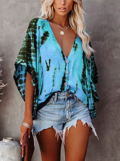 Summer Fashion Oversized Deep V-neck Women's Shirt Tie Dye Vintage Print Button Batwing Sleeve Top Female Casual Loose Cardigan