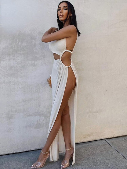 Sixsr Fashion White Elegant Maxi Dress Summer Women Sexy One Shoulder Split Long Dress Female Fashion Cut Out Club Party Dress Beachwear