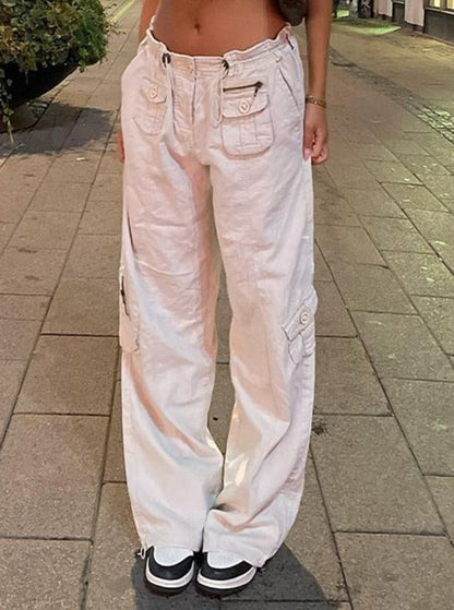 Sixsr  Women Spring Fashion Multi Pockets White Cargo Pants Women Adjustable Low Waist Baggy Wide Leg Jeans Oversized Casual Trousers Retro Bottoms Iamhotty