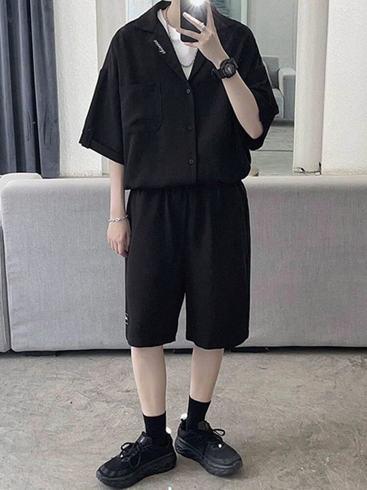 Men's Khaki Shirt Suit Elegant Vintage Short-sleeved Shirt Grunge Mature Patch Design Shorts Korean Fashion Two Piece Set Summer