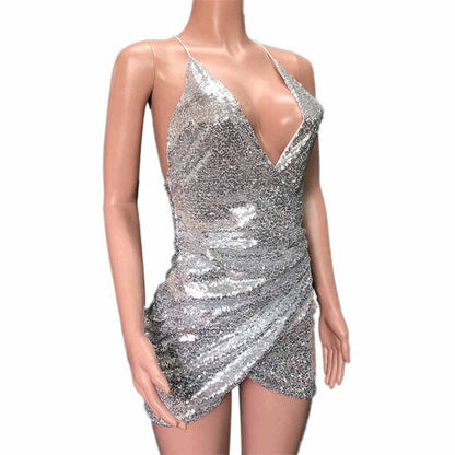 sixsr Sexy Women Sequins Glitter Sparkle Deep V Neck Halter Backless Bodycon Short Mini Dress Evening Party Wrap Hip Package Dress