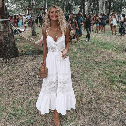 Fashion Boho Long Maxi Dress Women Summer Ladies Sleeveless White Beach Dress