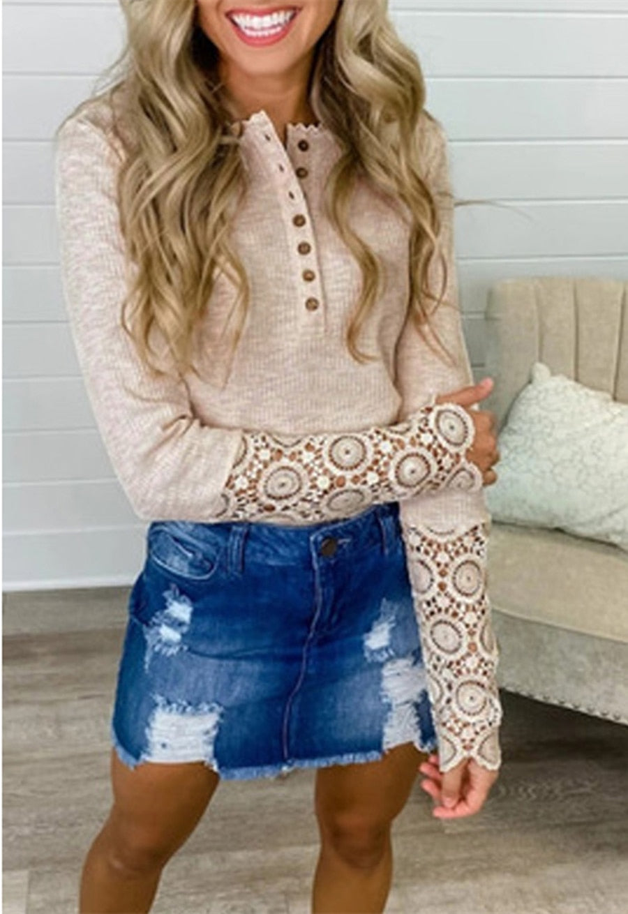 sixsr  Lace Splicing Top Long Sleeve T Shirt Woman Button Slim Tops Tee Autumn Spring Patchwork Sleeve T-shirt Women Sexy Streetwear