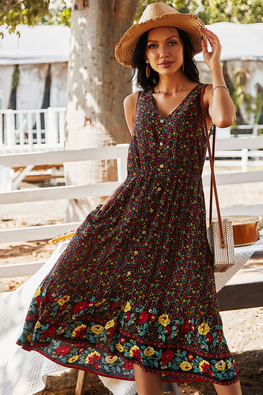 Floral Print Bohemian Style V-neck Sleeveless Midi Dress