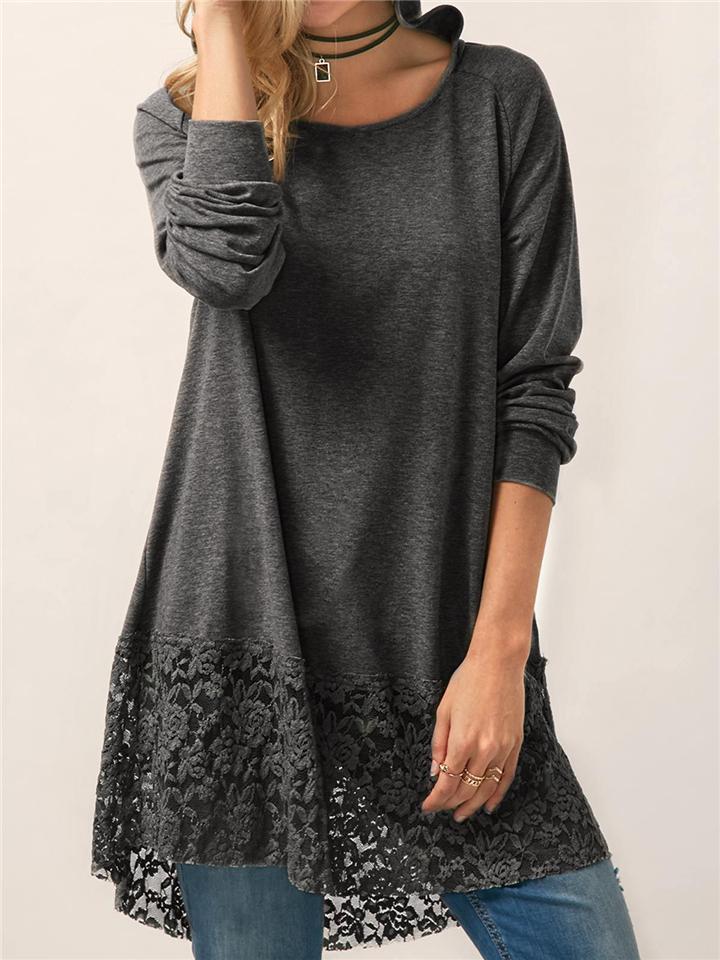 Women Pure Color Lace Patchwork Long Sleeve T-shirt With Hood