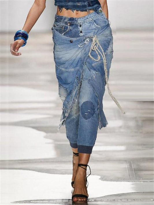 Stylish Mid-Rise Ripped Design Pocket Denim Trousers