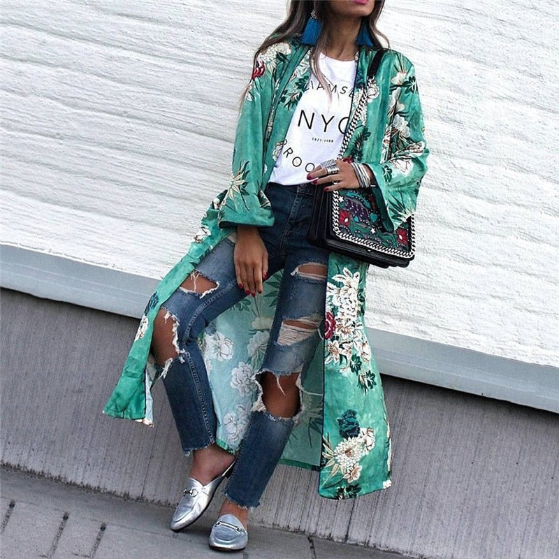 Sixsr Chiffon Loose Shawl Kimono Long Blouse For Women Full Sleeve Floral Boho Shirts Top Ladies Girls Flower Cardigans Blusa Clothing