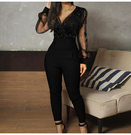 Sixsr Rompers Womens Jumpsuit Black Elegant Sequins Mesh Glitter Party Night Sexy Spring Long Pants One Piece Clothes Overalls