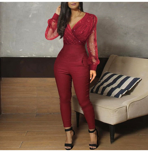 Sixsr Rompers Womens Jumpsuit Black Elegant Sequins Mesh Glitter Party Night Sexy Spring Long Pants One Piece Clothes Overalls