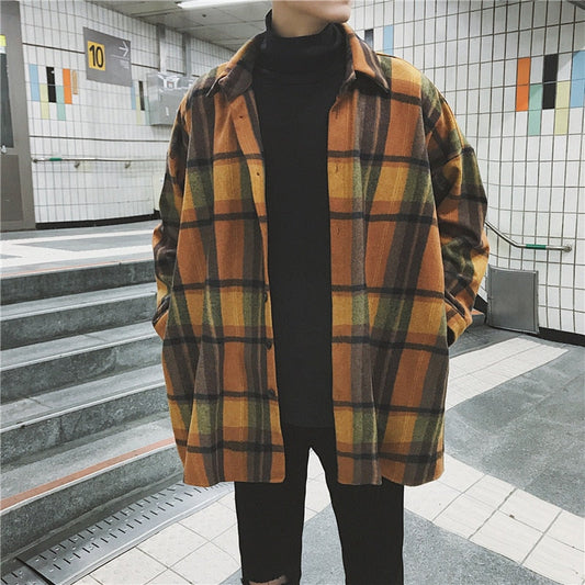 Sixsr New Fashion Men Plaid Shirt Casual Loose Wool Jacket Coat Men Long Sleeve Shirt Mens Clothing Streetwear