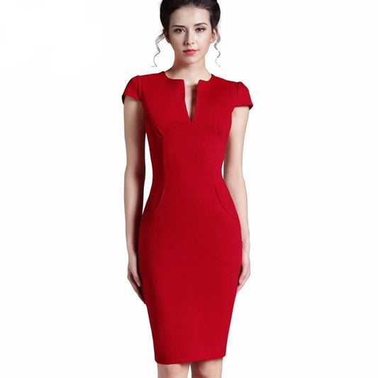 Sixsr Nice-forever Office Women Vintage Summer Solid Deep V neck Zipper Back Formal Stretch Pencil work Bodycon Pocket Dress 521