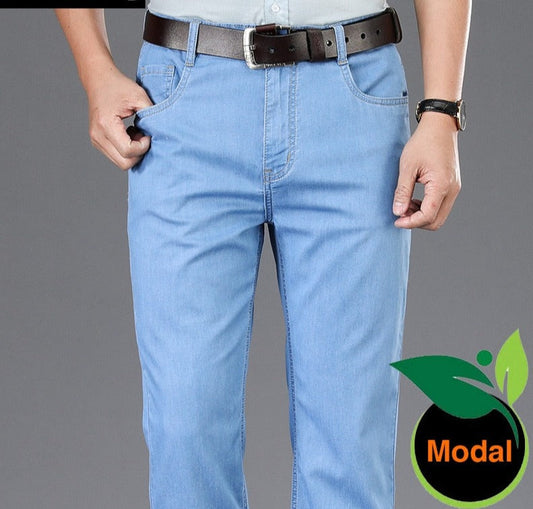 Summer Men's Light Blue Thin Jeans Modal Fabric High Quality Business Casual Stretch Jean Trousers Male Brand Pants Dark Grey
