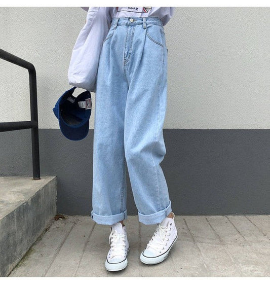 Sixsr Jeans Women Solid Vintage High Waist Wide Leg Denim Trousers Simple Students All-match Loose Fashion Harajuku Womens Chic Casual