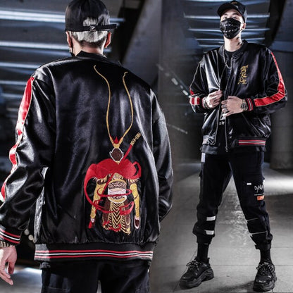 Bomber Jackets Men Spring Autumn New Harajuku Funny Embroidery Cartoon Sun WuKong Pattern Pilot Outwear Coats Fashion Streetwear