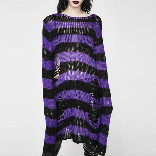Sixsr Halloween 200 Gothic Knitted Sweater Women Long Pullovers Striped Loose Winter Ripped Plus Size Sweaters Jumpers Mujer Jersey