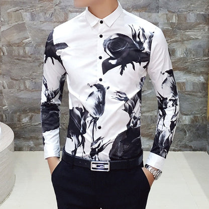 6XL 19 Colour Fashion Boutique Print Casual Slim Fit Mens Long-sleeved Shirt / High-end Social Brand Social Men Club Prom Shirt