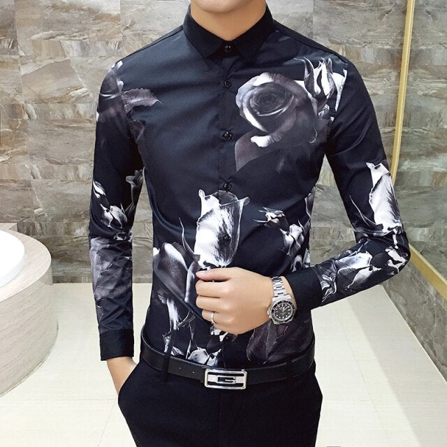 6XL 19 Colour Fashion Boutique Print Casual Slim Fit Mens Long-sleeved Shirt / High-end Social Brand Social Men Club Prom Shirt