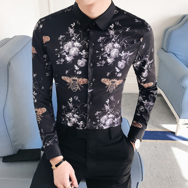 6XL 19 Colour Fashion Boutique Print Casual Slim Fit Mens Long-sleeved Shirt / High-end Social Brand Social Men Club Prom Shirt