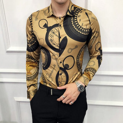 6XL 19 Colour Fashion Boutique Print Casual Slim Fit Mens Long-sleeved Shirt / High-end Social Brand Social Men Club Prom Shirt