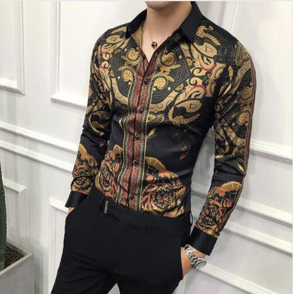 6XL 19 Colour Fashion Boutique Print Casual Slim Fit Mens Long-sleeved Shirt / High-end Social Brand Social Men Club Prom Shirt