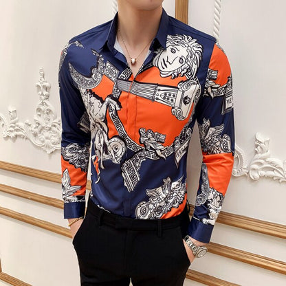 6XL 19 Colour Fashion Boutique Print Casual Slim Fit Mens Long-sleeved Shirt / High-end Social Brand Social Men Club Prom Shirt