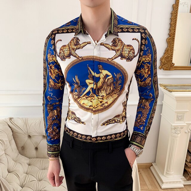 6XL 19 Colour Fashion Boutique Print Casual Slim Fit Mens Long-sleeved Shirt / High-end Social Brand Social Men Club Prom Shirt