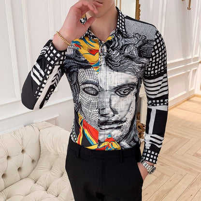 6XL 19 Colour Fashion Boutique Print Casual Slim Fit Mens Long-sleeved Shirt / High-end Social Brand Social Men Club Prom Shirt