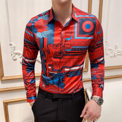 6XL 19 Colour Fashion Boutique Print Casual Slim Fit Mens Long-sleeved Shirt / High-end Social Brand Social Men Club Prom Shirt