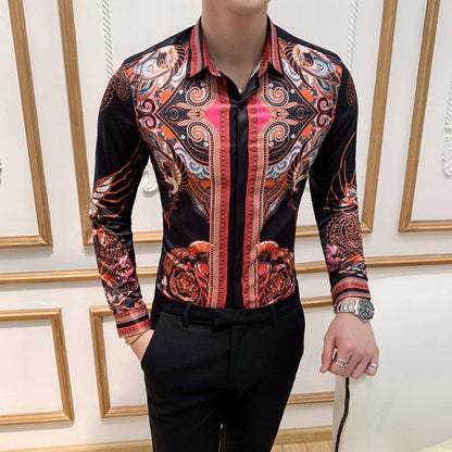 6XL 19 Colour Fashion Boutique Print Casual Slim Fit Mens Long-sleeved Shirt / High-end Social Brand Social Men Club Prom Shirt