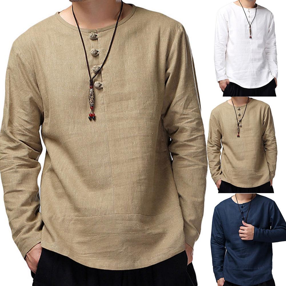 Men Spring Casual Solid Color Long Sleeve O Neck Buttons Cotton Loose Pullover Shirt