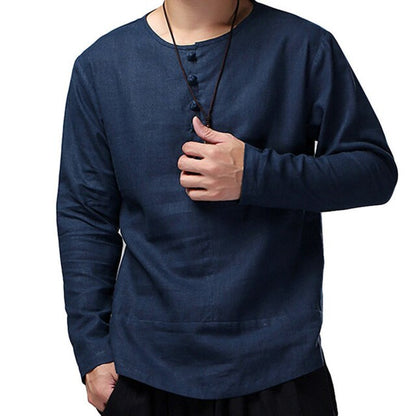 Men Spring Casual Solid Color Long Sleeve O Neck Buttons Cotton Loose Pullover Shirt