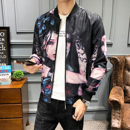 Plus size M-5XL Vintage Jacket Men Floral Bomber Jacket Men Patchwork Lattice Long Sleeve Zipper Jackets Coat Men's Pilot Jacket