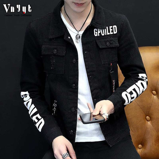 Denim Clothing Social Guy Rivet Jacket Wholesale Autumn Winter Fashion Hip Hop White Denim Jacket Male Cowboy Ripped Hole