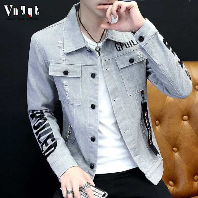 Denim Clothing Social Guy Rivet Jacket Wholesale Autumn Winter Fashion Hip Hop White Denim Jacket Male Cowboy Ripped Hole