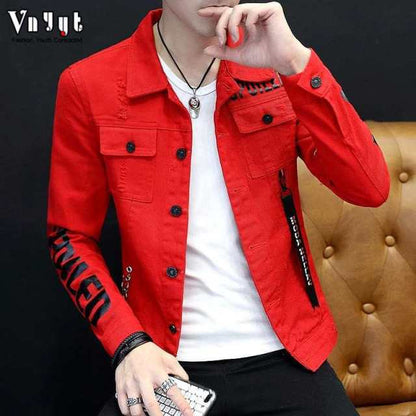 Denim Clothing Social Guy Rivet Jacket Wholesale Autumn Winter Fashion Hip Hop White Denim Jacket Male Cowboy Ripped Hole