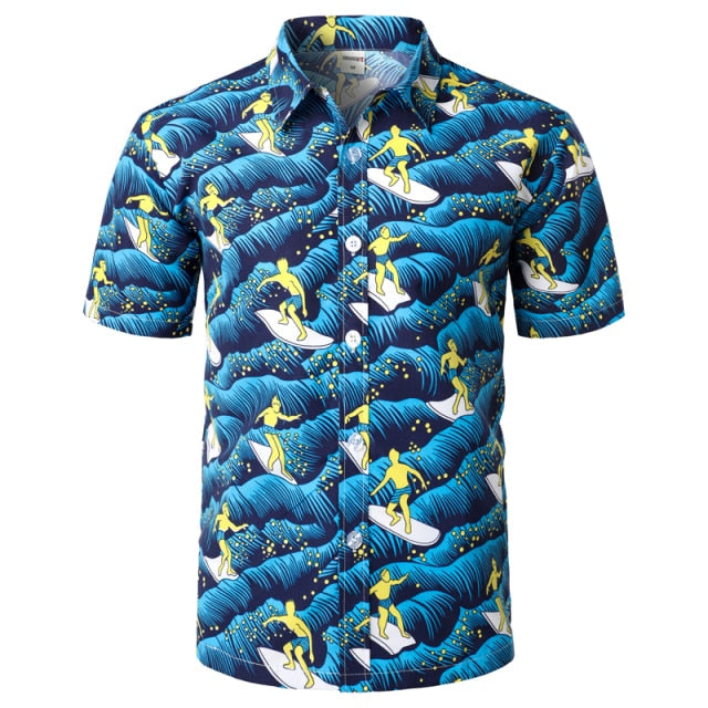 Men's Holiday Casual Short Sleeve Aloha Hawaiian Shirt Short Sleeve Palm Tree Printed Tropical Aloha Blue Shirts Camisa Hawaiana