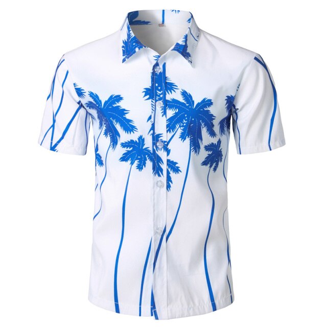 Men's Holiday Casual Short Sleeve Aloha Hawaiian Shirt Short Sleeve Palm Tree Printed Tropical Aloha Blue Shirts Camisa Hawaiana