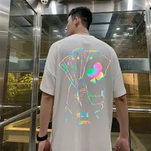 Cool Black Reflective T Shirt Streetwear Men Oversized T-Shirt  Japan Harajuku Ppoker Tshirt Summer High Street Half Sleeve Tops