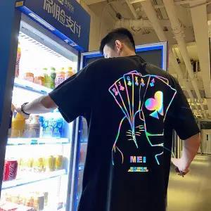 Cool Black Reflective T Shirt Streetwear Men Oversized T-Shirt  Japan Harajuku Ppoker Tshirt Summer High Street Half Sleeve Tops