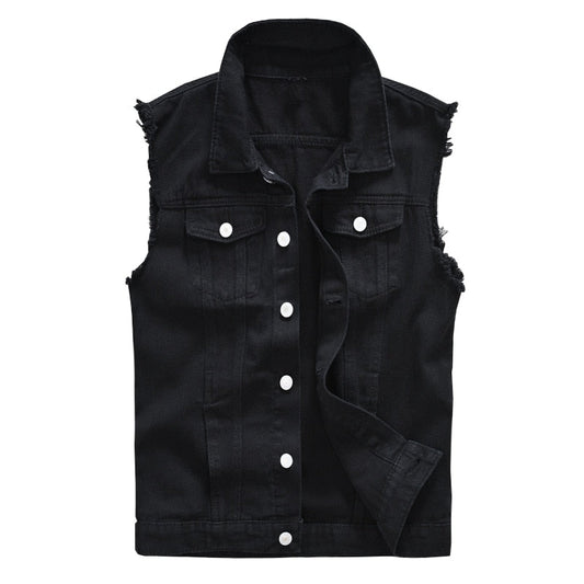 Sokotoo Men's Black Jean Vest Slim Fringe Denim Waistcoat Sleeveless Tank Top