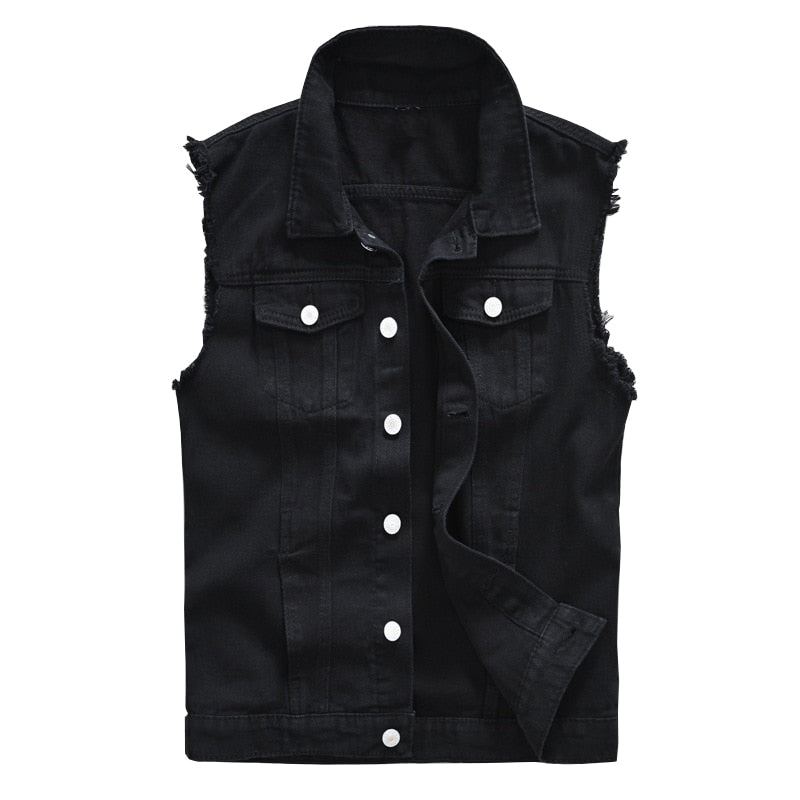 Sokotoo Men's Black Jean Vest Slim Fringe Denim Waistcoat Sleeveless Tank Top