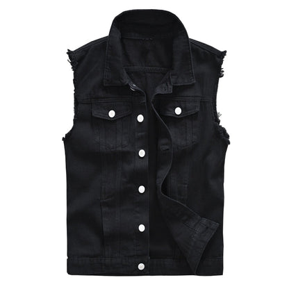 Sokotoo Men's Black Jean Vest Slim Fringe Denim Waistcoat Sleeveless Tank Top