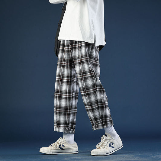 Spring Summer Thin Plaid Pants Men's Fashion Retro Casual Pants Men Streetwear Wild Loose Drawstring Straight Trousers Mens