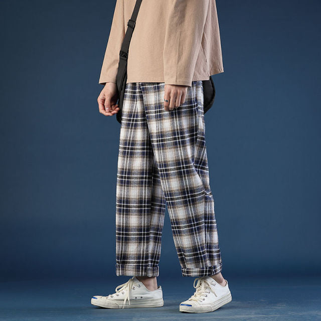 Spring Summer Thin Plaid Pants Men's Fashion Retro Casual Pants Men Streetwear Wild Loose Drawstring Straight Trousers Mens