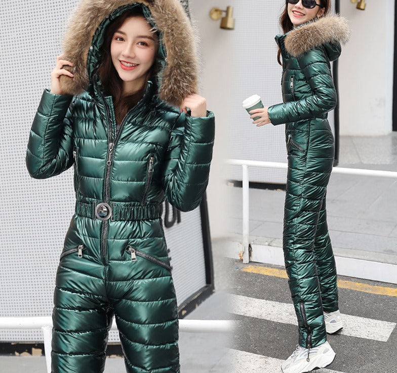 Sixsr One Piece Ski Suit Women Jackets Winter Hooded Parka Jumpsuit Women Cotton bodysuit Sashes Jumpsuits Zipper Overalls Tracksuits