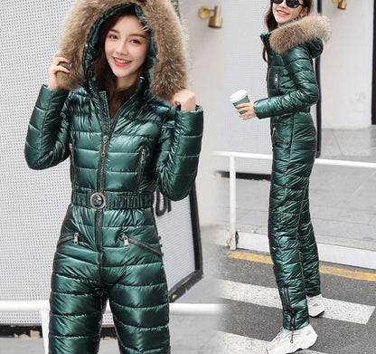Sixsr One Piece Ski Suit Women Jackets Winter Hooded Parka Jumpsuit Women Cotton bodysuit Sashes Jumpsuits Zipper Overalls Tracksuits