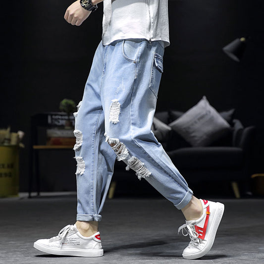 Men's Hole Jeans Spring and Autumn 2024 New Loose  Large Size Ankle-Length Pants All-match Casual Pants Hip Hop Jeans